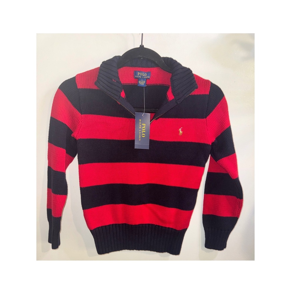 NWT Polo Ralph Lauren Boys Red Navy Blue Striped Quarter Zip Cotton Sweater Sz 6